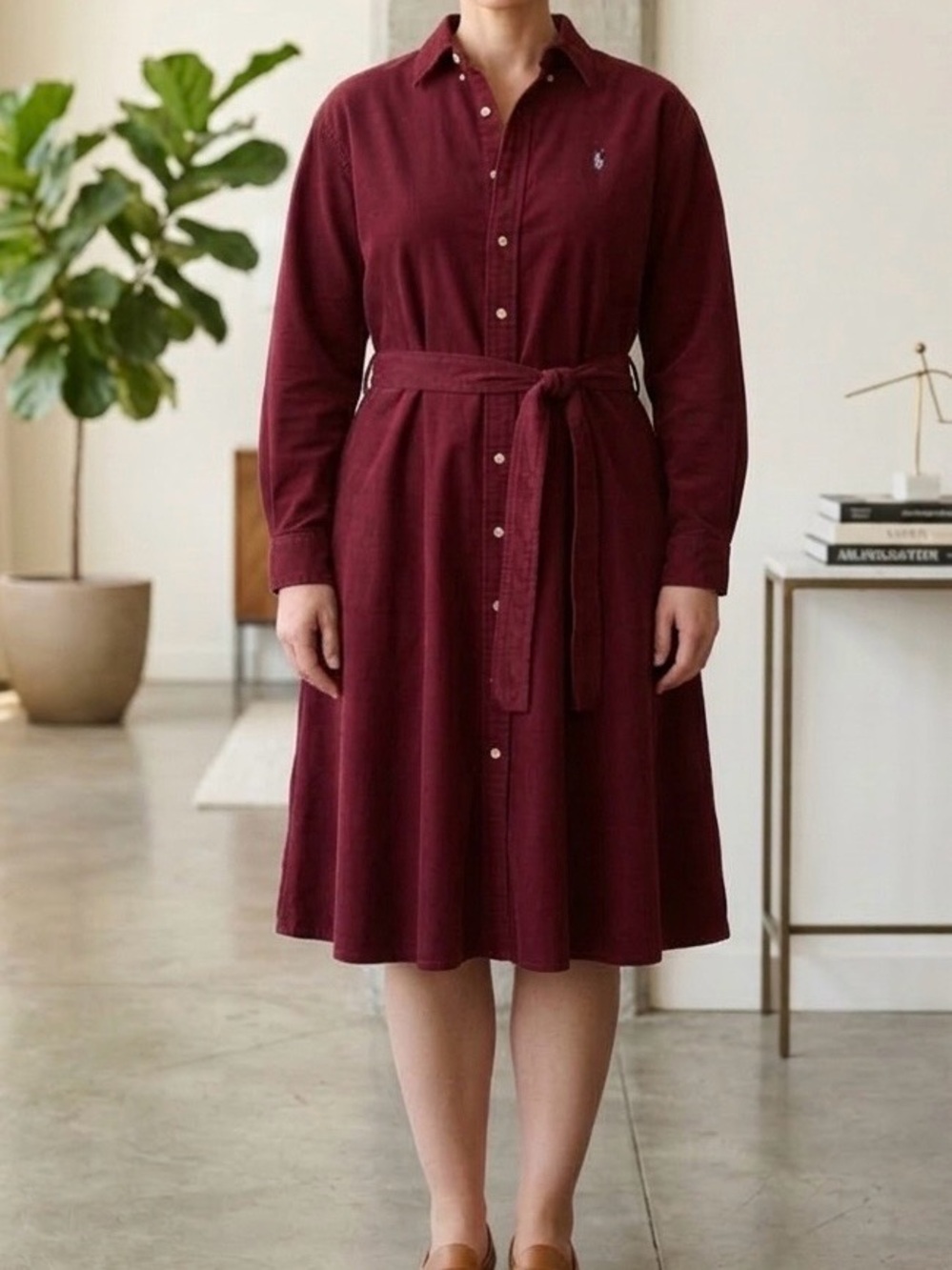 POLO RALPH LAUREN Belted 100% Cotton Oxford Shirtdress Maroon Red Pockets 16 EUC